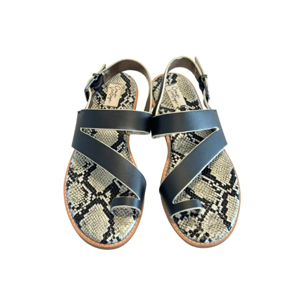 Crown Vintage Sandals Aaliya Black Zion Leather Wedge Strappy Women's 8/38.5